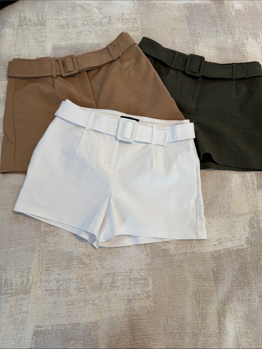 Express High-Waist Belted Shorts Trio — White, Brown, Olive Green